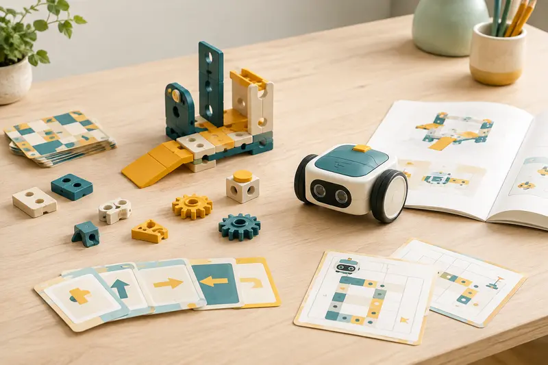 Pièces de construction, cartes de parcours et petit robot éducatif