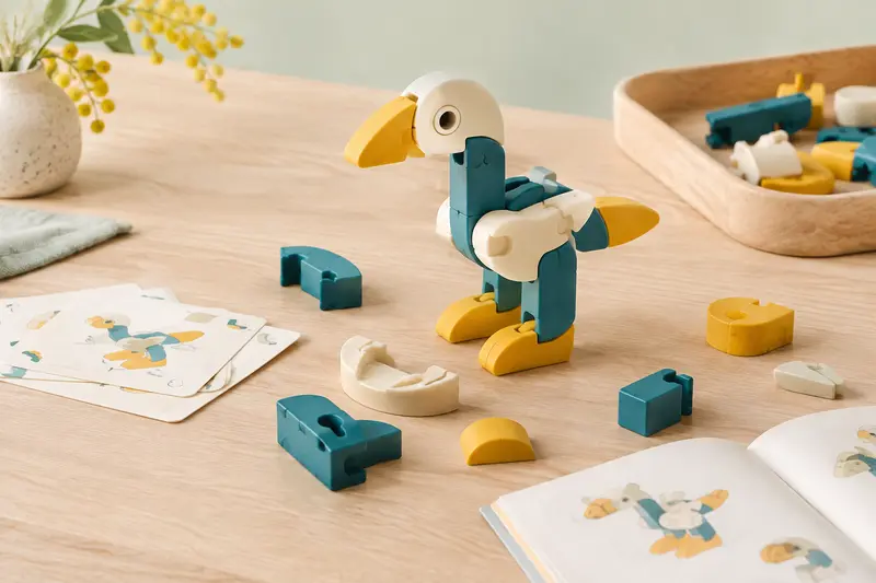 Pièces emboîtables et modèle assemblé d’un jeu de construction éducatif