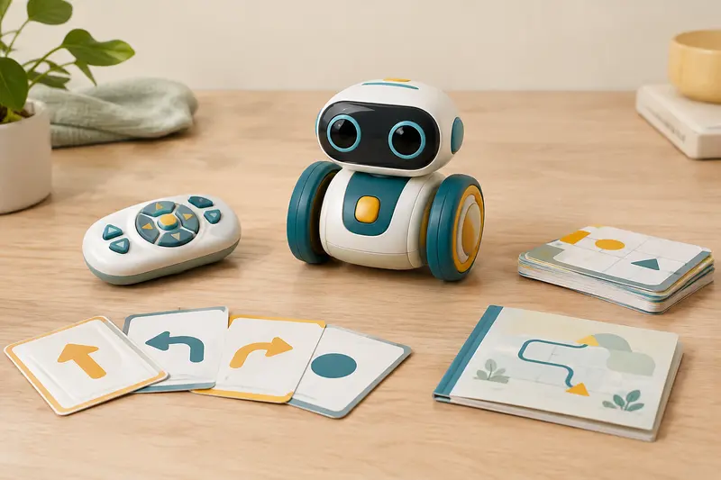 Robot éducatif programmable accompagné de ses accessoires et cartes d’instructions