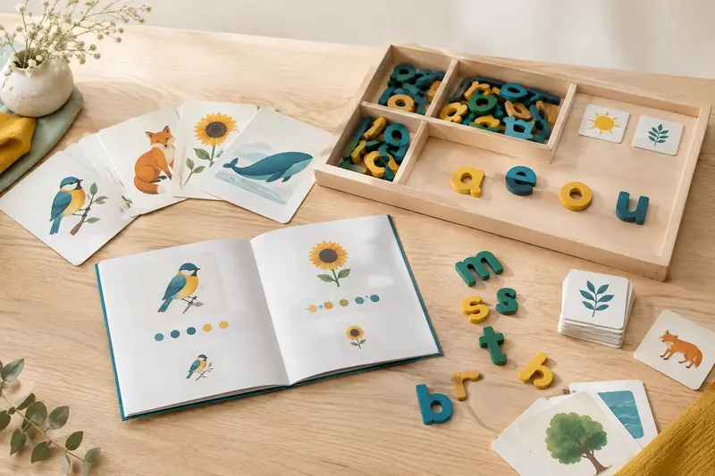 Cartes illustrées, lettres mobiles et plateau de jeu éducatif sur une table claire