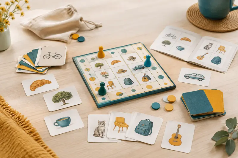 Cartes illustrées et pions d’un jeu éducatif de langues étrangères