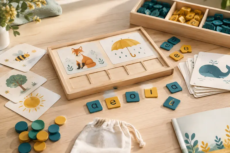 Plateau de lecture, cartes illustrées et lettres mobiles rangés sur du bois clair