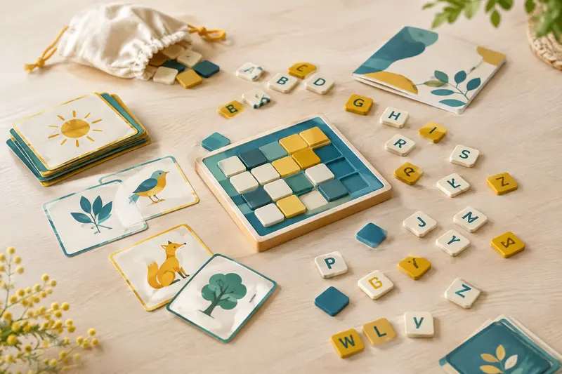 Tuiles alphabétiques et cartes de jeu disposées sur une table lumineuse