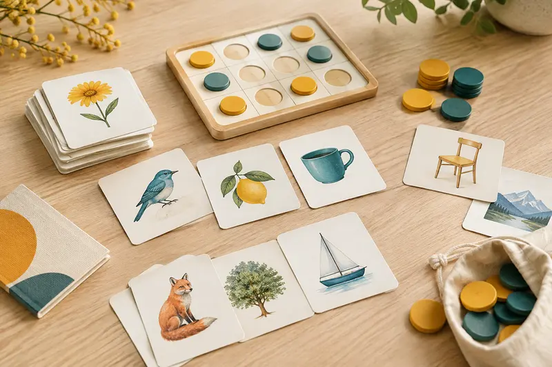 Cartes illustrées et jetons d’association d’un jeu de vocabulaire