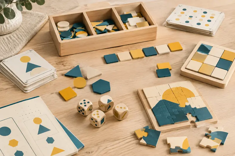 Dés, formes géométriques et tuiles numérotées de jeux éducatifs