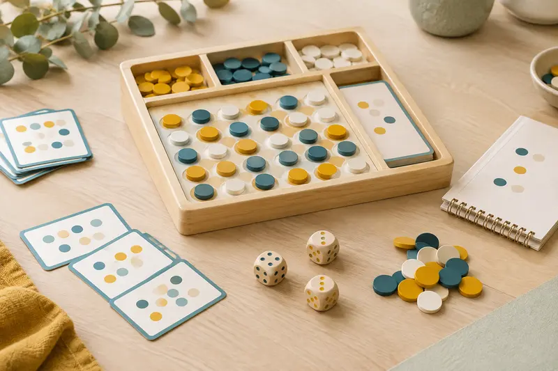 Dés, cartes de nombres et jetons d’un jeu éducatif de calcul