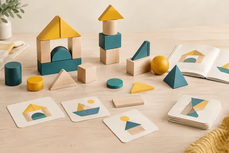Formes planes et solides géométriques disposés près de cartes modèles
