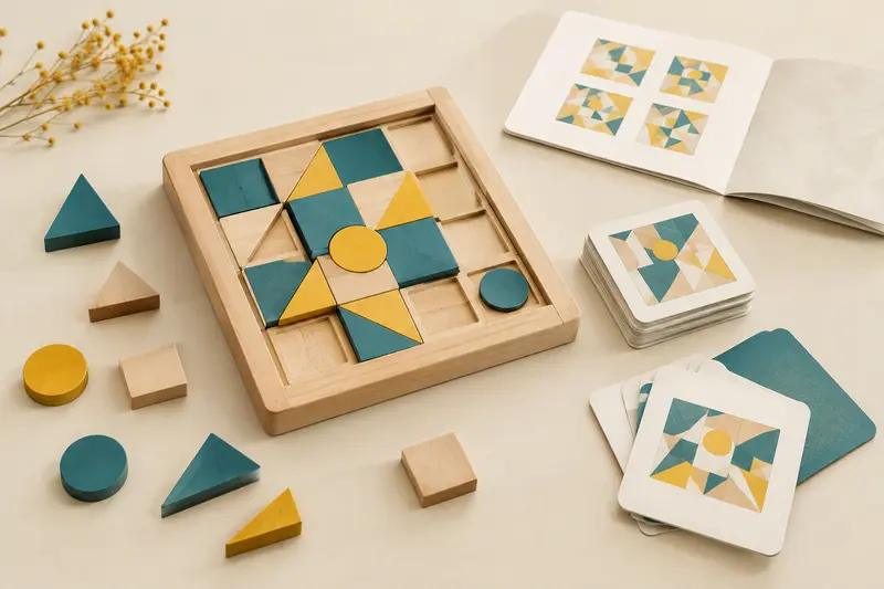 Pièces géométriques et plateau de défis d’un jeu de logique