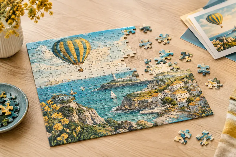 Puzzle éducatif illustré en cours d’assemblage sur une table en bois clair