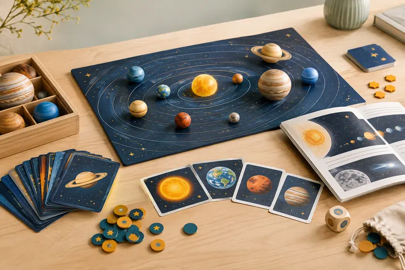 Modèles de planètes et cartes illustrées d’un jeu éducatif d’astronomie