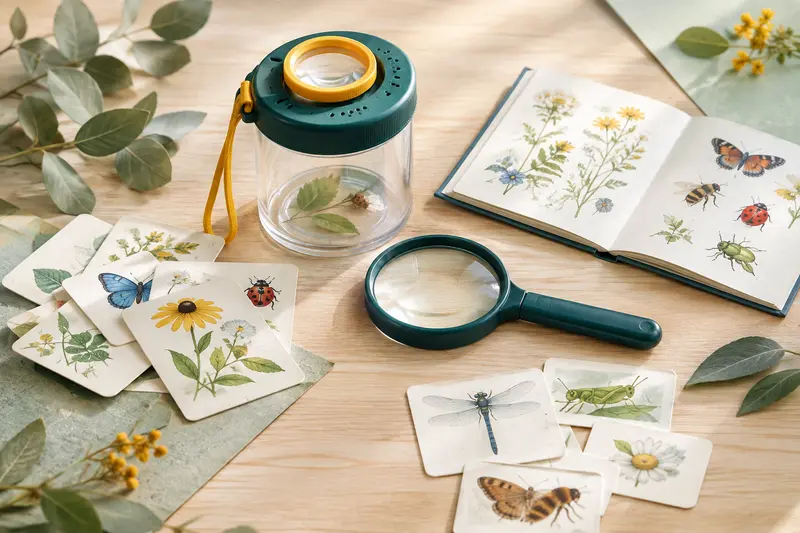 Loupe, boîte d’observation et cartes nature sur une table en bois clair