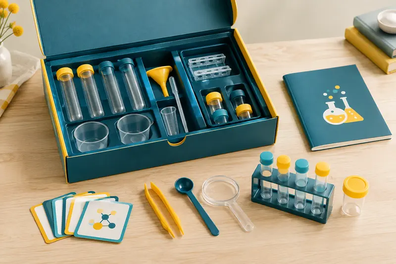 Coffret scientifique ouvert avec accessoires de manipulation soigneusement rangés