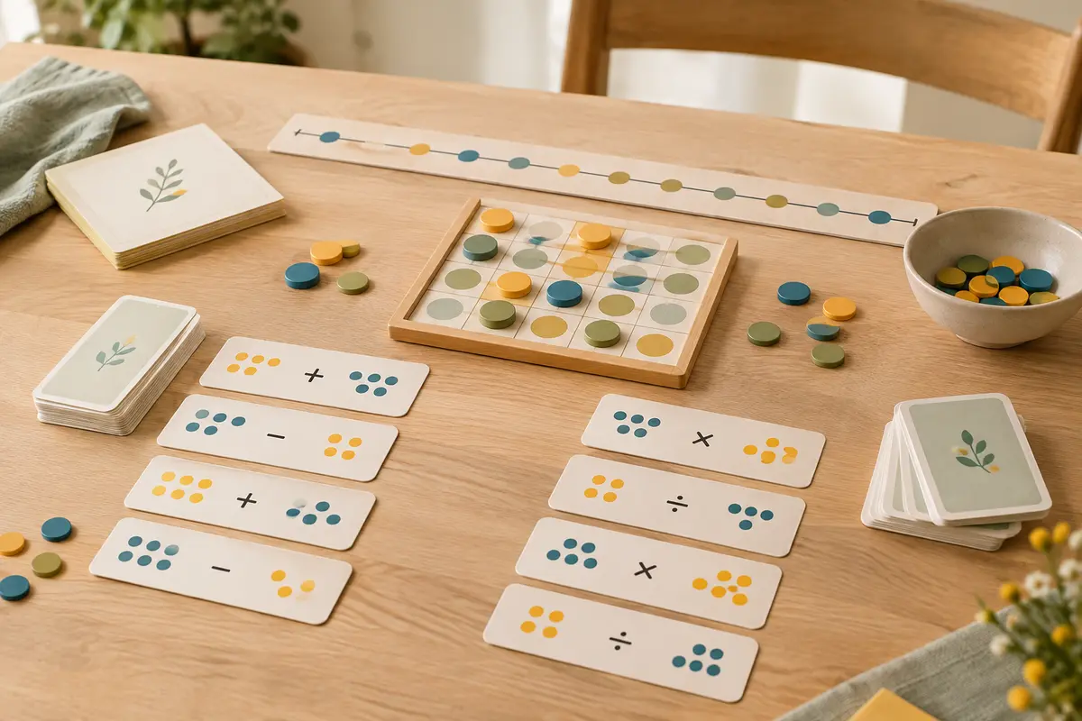 Cartes de calcul, jetons et bande numérique préparés pour une partie familiale à plusieurs niveaux.