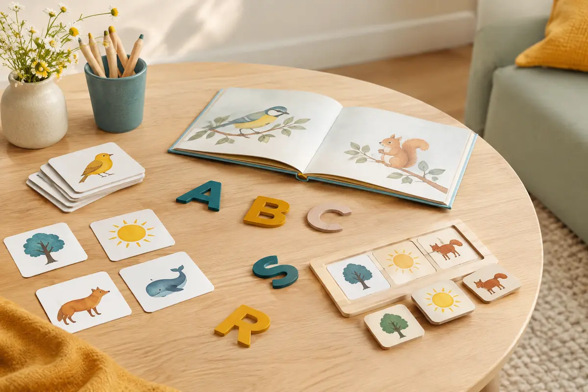 Livre illustré, cartes et lettres disposés sur une table pour une activité de lecture ludique