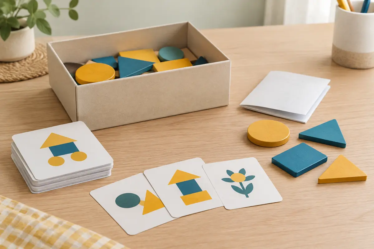 Jeu éducatif et pièces colorées disposés sur une table pour illustrer le choix selon l’âge.