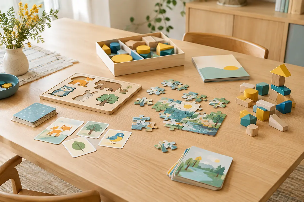 Jeux éducatifs ouverts sur une table, avec cartes, pièces de puzzle en bois et éléments de construction.