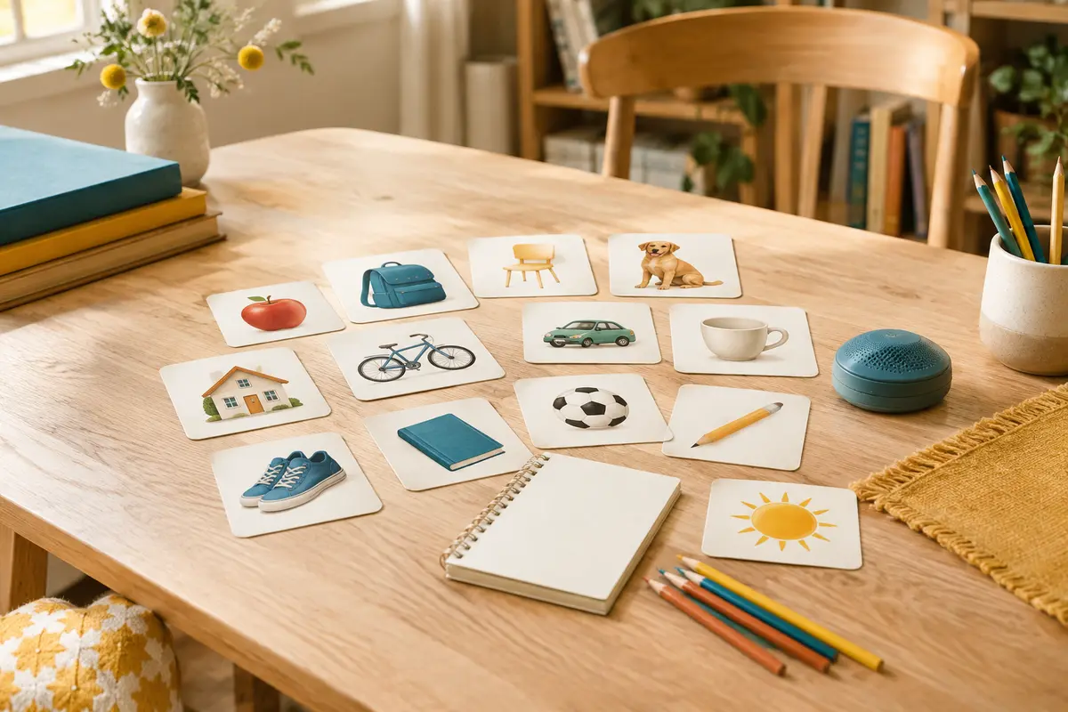 Cartes illustrées et matériel d’écoute disposés sur une table pour jouer à l’anglais en famille