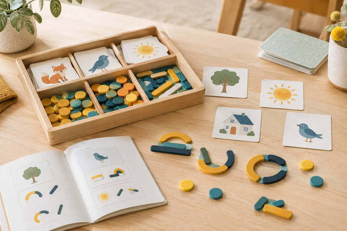 Cartes illustrées et pièces colorées d’un jeu éducatif de lecture disposées sur une table