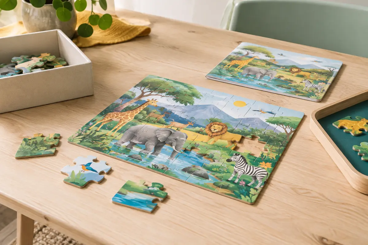 Puzzle éducatif illustré d’animaux, avec des pièces épaisses à assembler sur une table