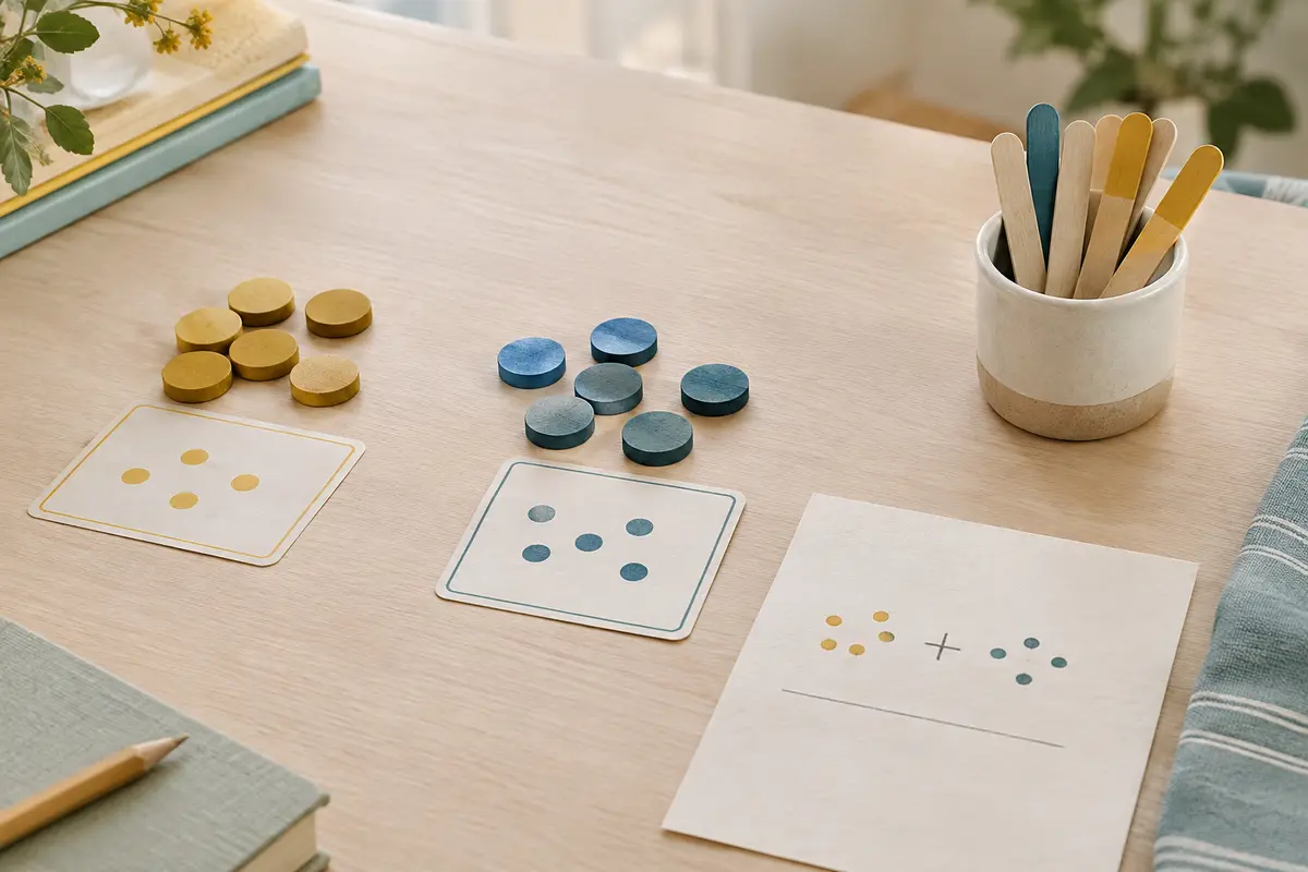 Jetons, cartes à points et bâtonnets disposés sur une table pour représenter une addition.