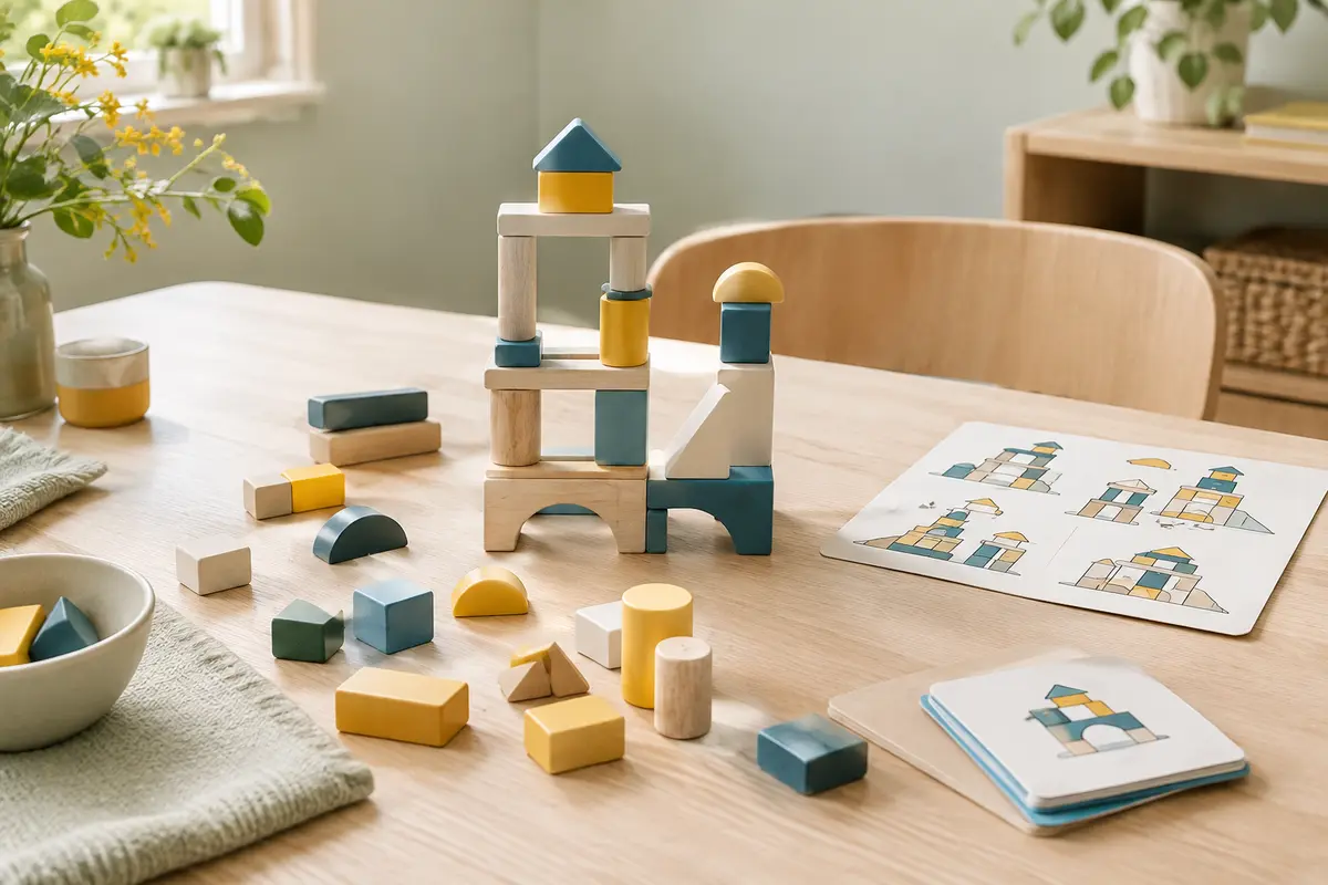 Briques de construction libres et plan illustré réunis sur une table pour une activité familiale