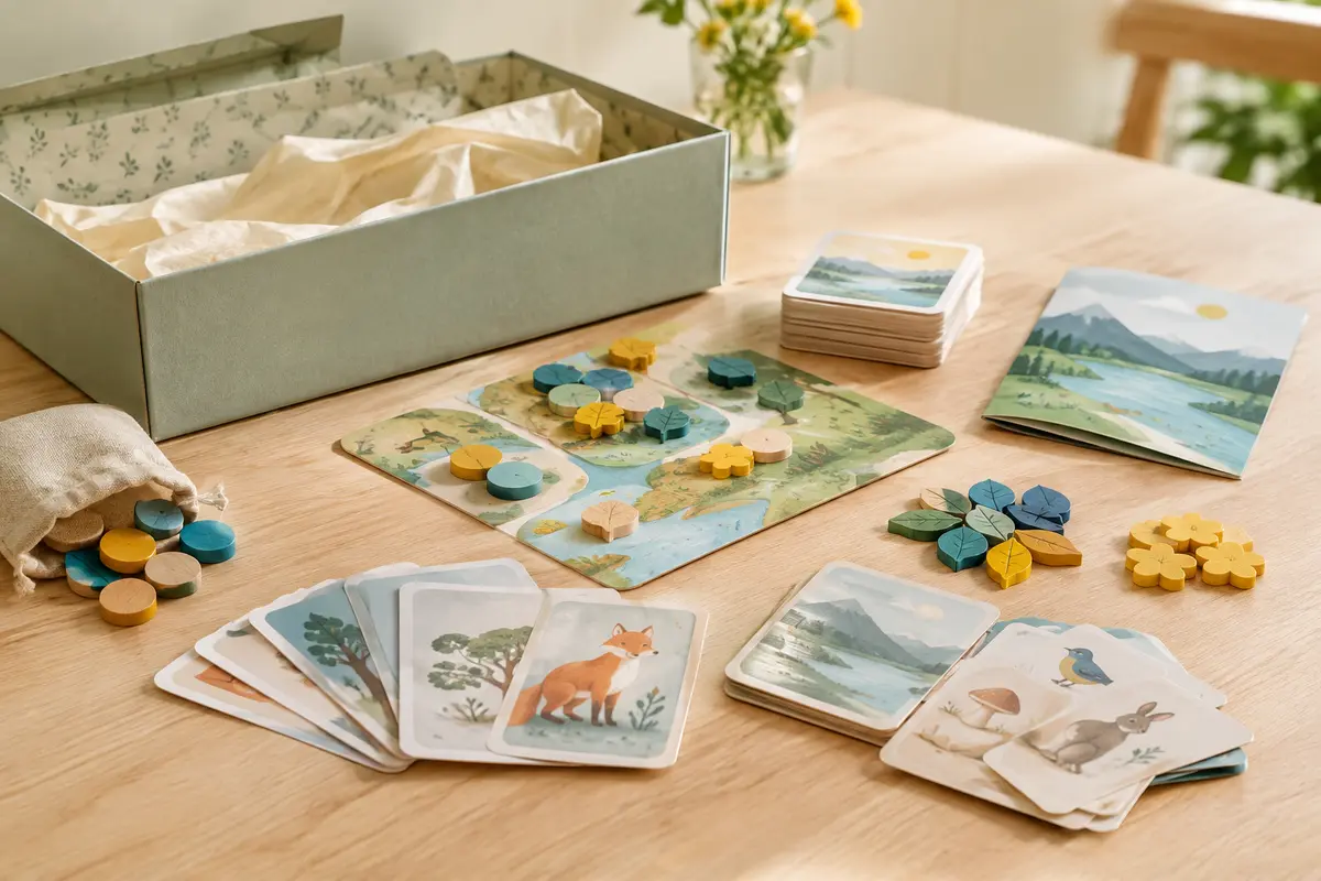 Jeu éducatif composé de cartes et de pièces posé sur une table, prêt à être offert pour un anniversaire.