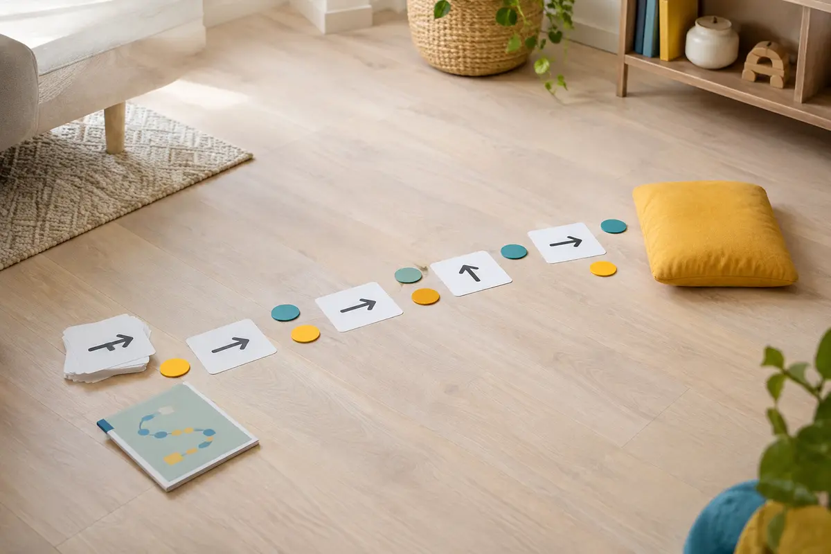 Cartes à flèches disposées sur un parcours au sol pour une activité de programmation sans écran