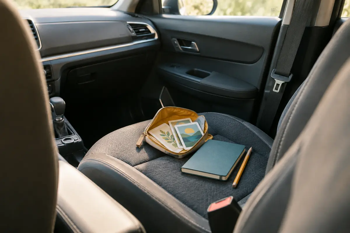 Pochette de cartes éducatives et carnet rangé sur un siège de voiture à l’arrêt, avec les ceintures dégagées.