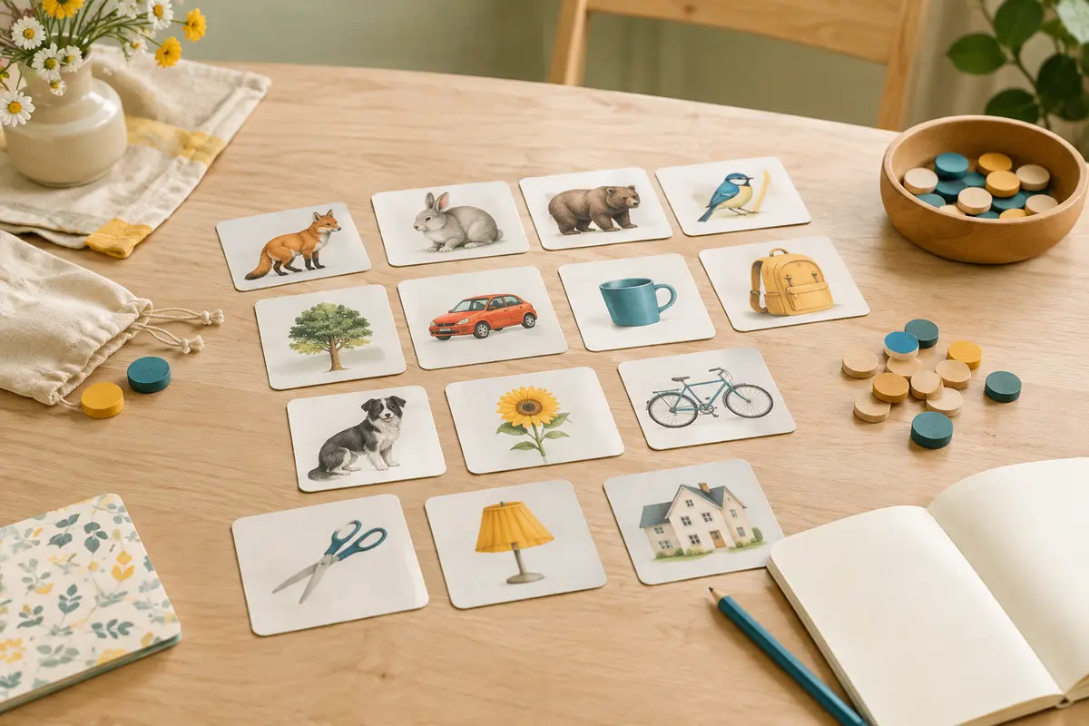 Cartes illustrées et jetons en bois disposés sur une table pour un jeu de vocabulaire à la maison