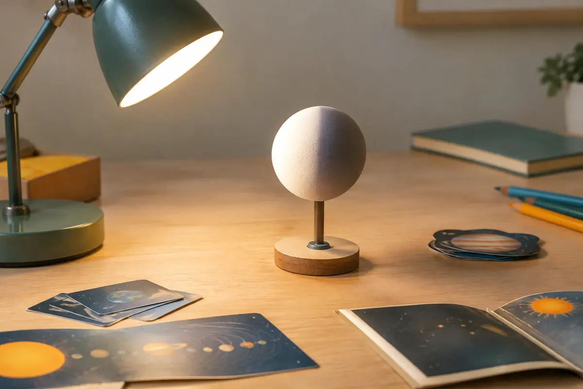 Une lampe éclaire une moitié d’une balle blanche pour illustrer les phases de la Lune