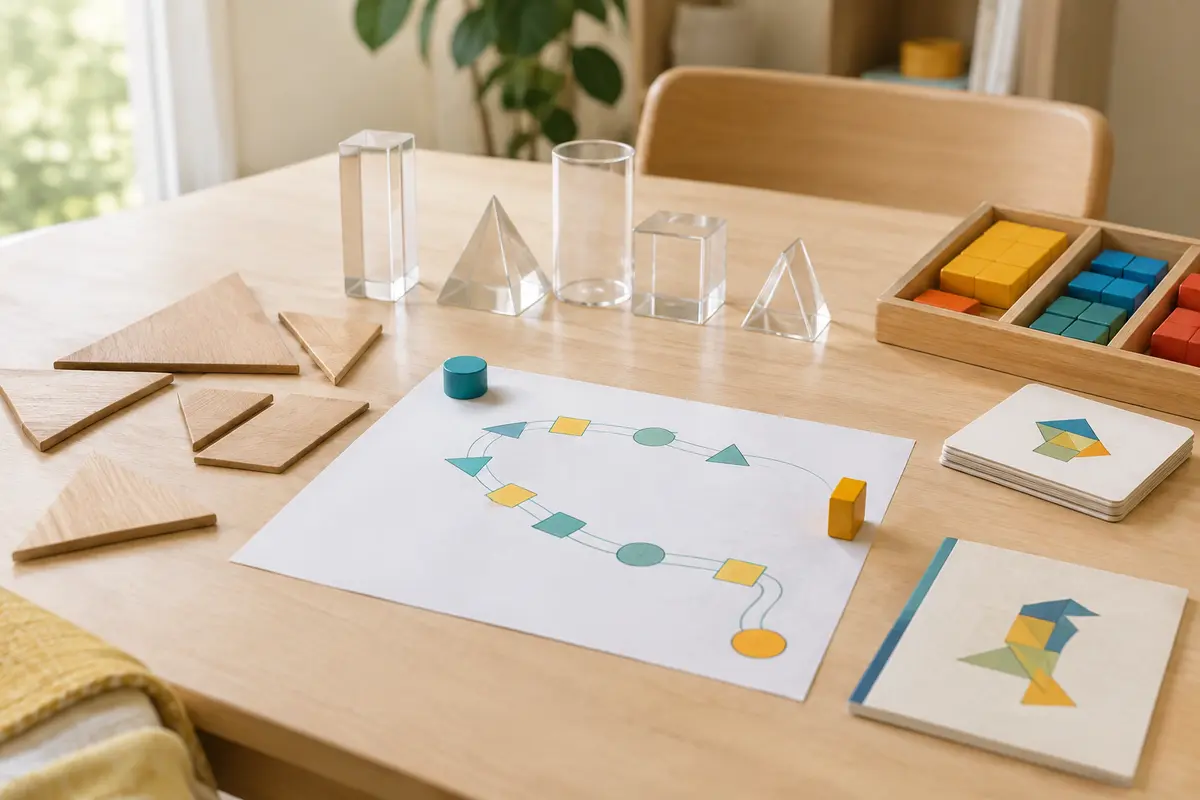 Pièces de tangram, solides transparents et blocs disposés sur une table pour une activité de géométrie