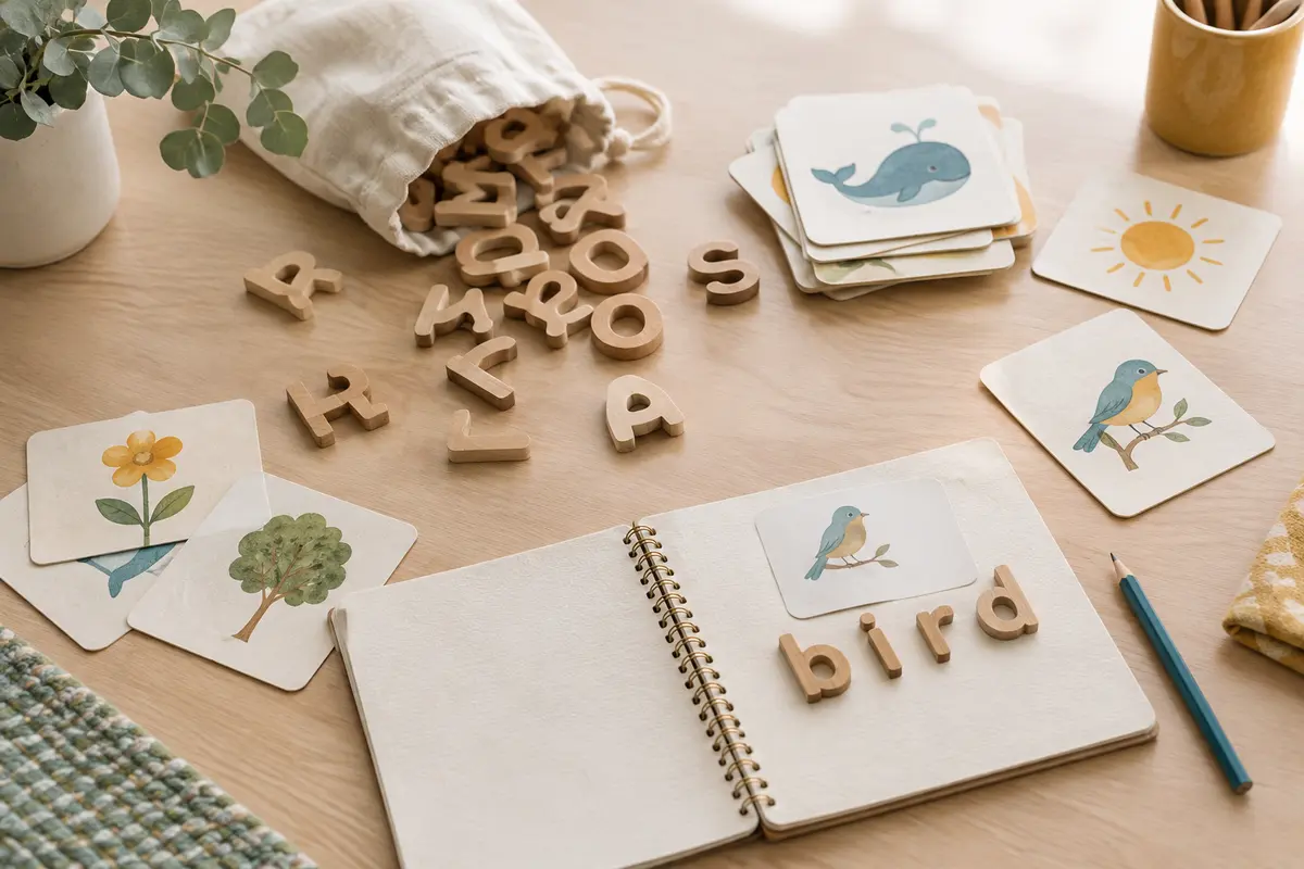 Lettres mobiles et cartes illustrées disposées pour un jeu d’orthographe à la maison