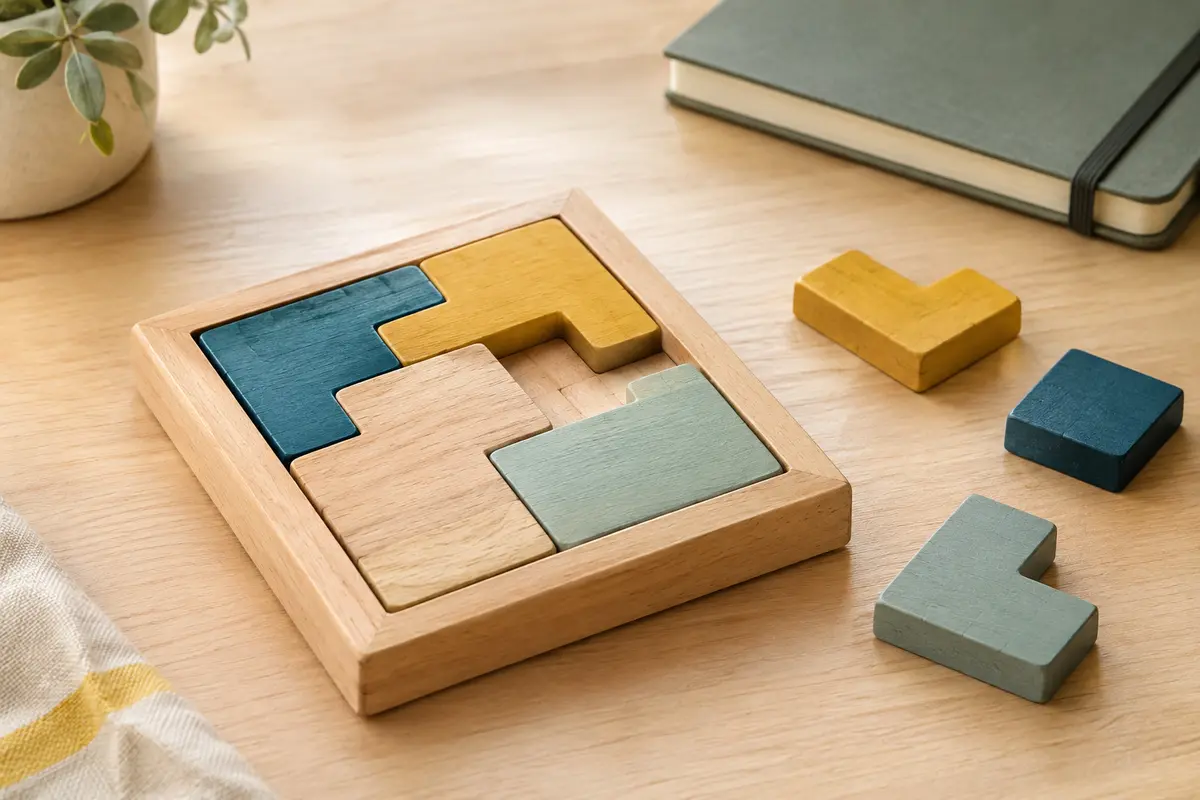 Casse-tête logique en bois et pièces colorées disposés sur une table claire