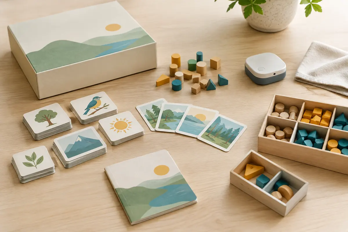 Cartes, pièces en bois et module électronique triés sur une table avec chiffon et boîte de rangement.