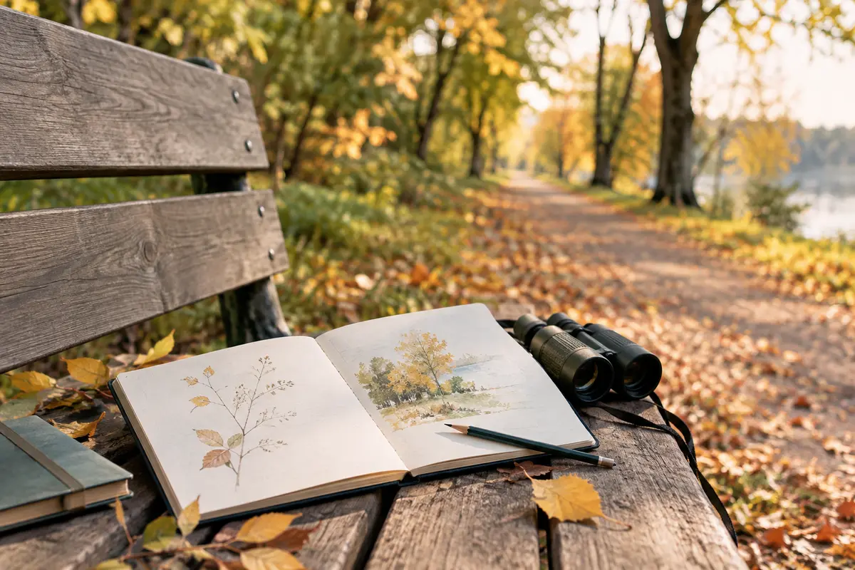 Carnet de dessin et jumelles posés près d’un chemin bordé d’arbres en automne