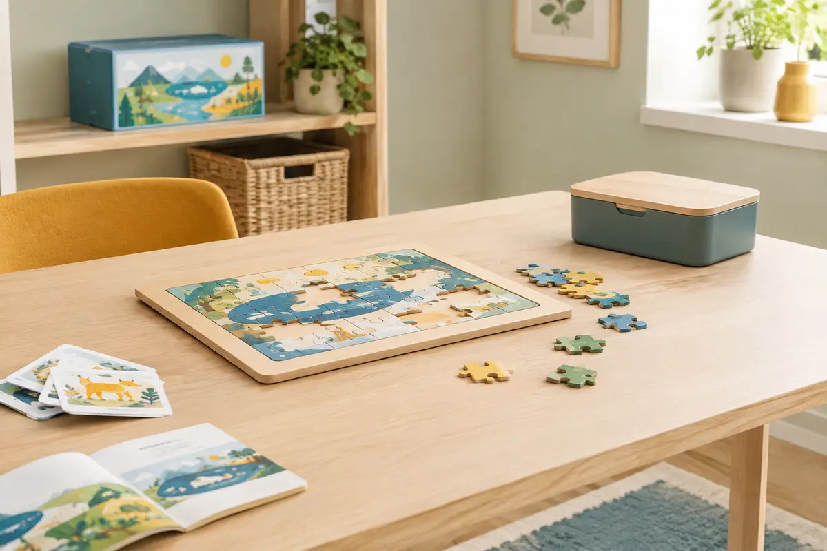 Puzzle éducatif et bac fermé dans un espace de jeu organisé, avec les pièces rangées séparément