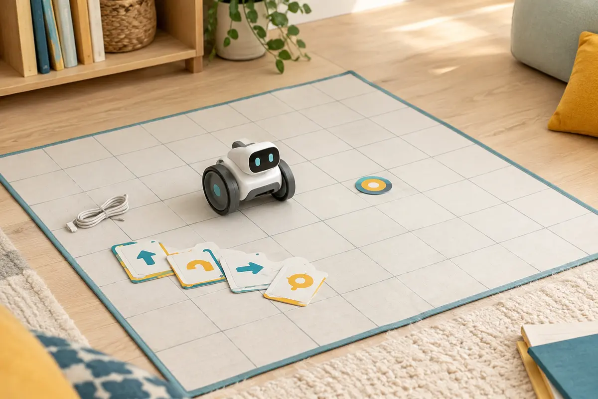 Robot éducatif programmable et cartes de commandes disposés sur un parcours simple et dégagé