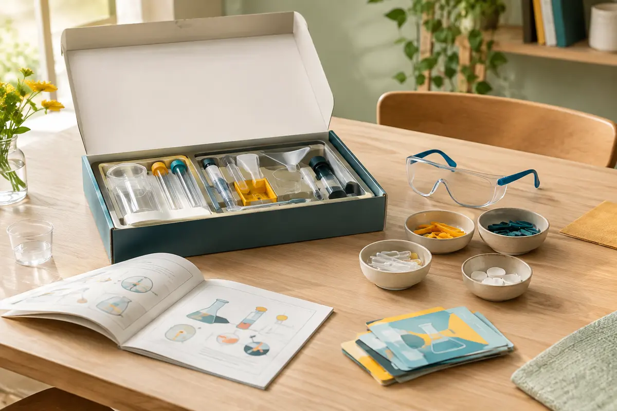 Table dégagée avec un kit scientifique, sa notice et des accessoires préparés pour une expérience à la maison.