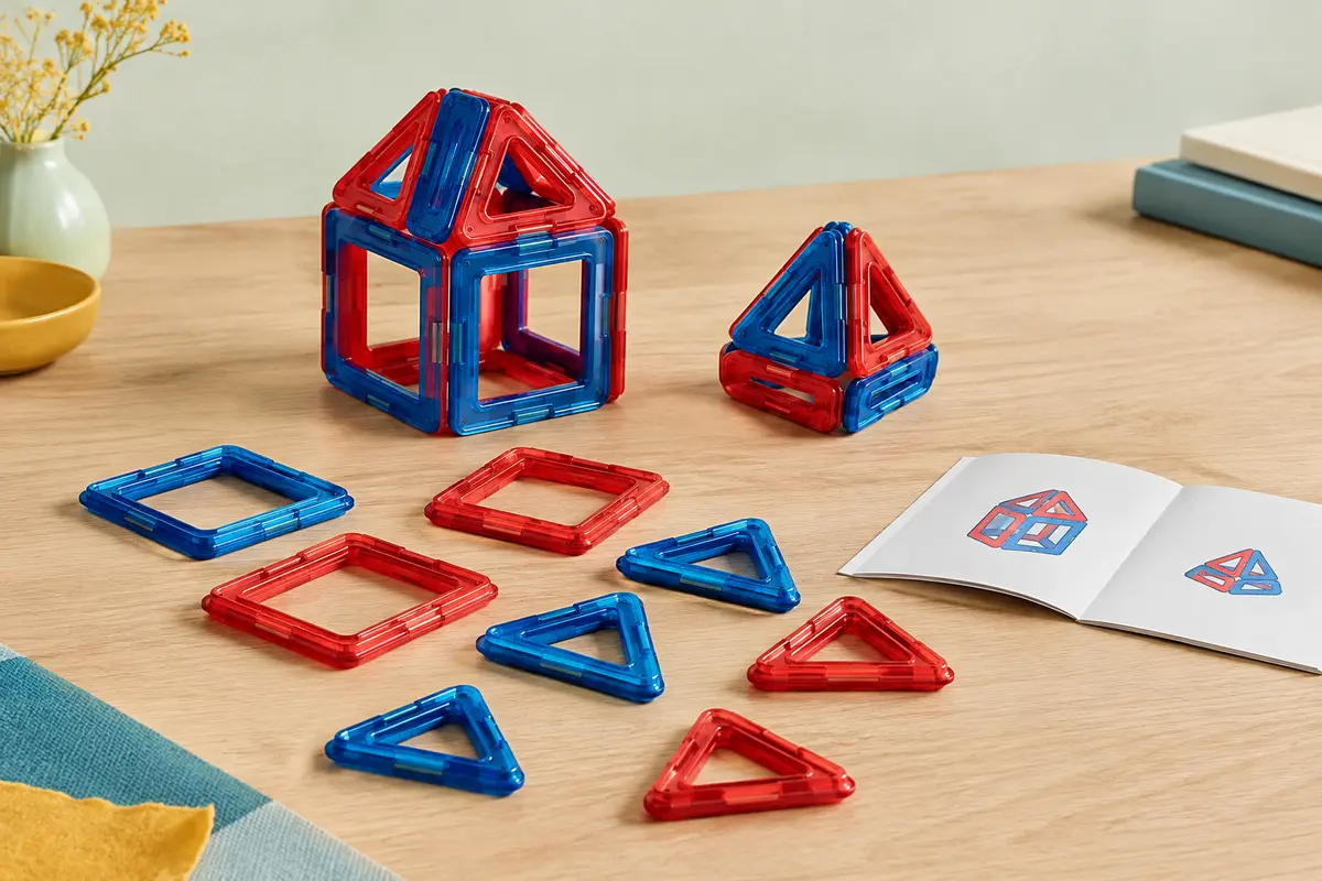 Blocs magnétiques rouges et bleus, carrés et triangles, assemblés en petites constructions sur du bois clair.