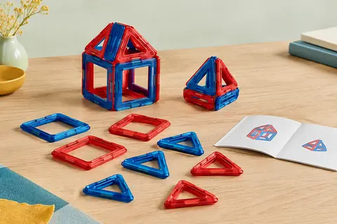 Blocs magnétiques rouges et bleus, carrés et triangles, assemblés en petites constructions sur du bois clair.