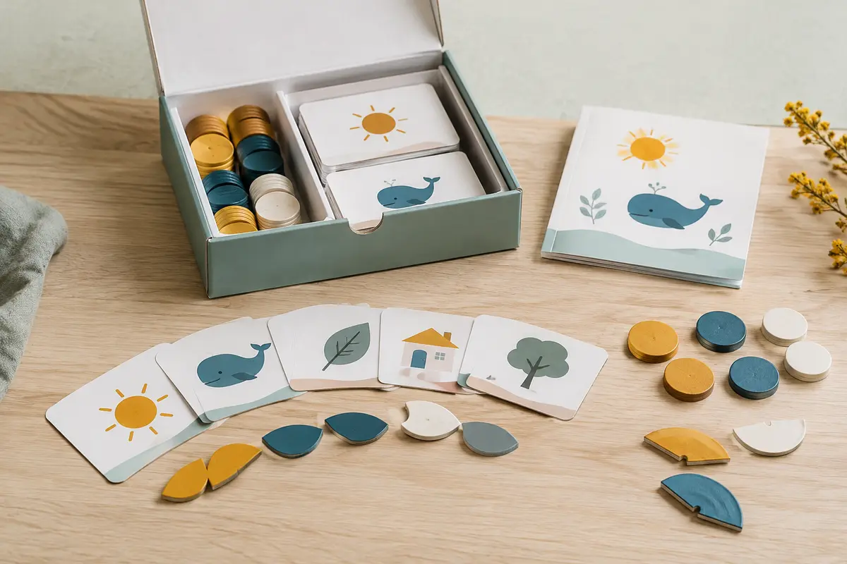 Jeu magnétique de lecture en carton avec ses pièces disposées en arc sur une table en bois clair