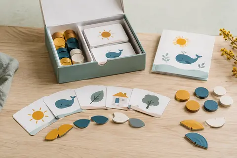 Jeu magnétique de lecture en carton avec ses pièces disposées en arc sur une table en bois clair