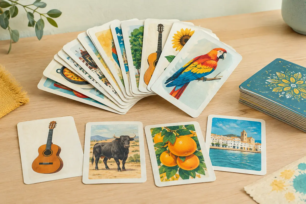 Cartes illustrées du jeu éducatif AGO pour apprendre l’espagnol, disposées sur un fond crème et du bois clair.