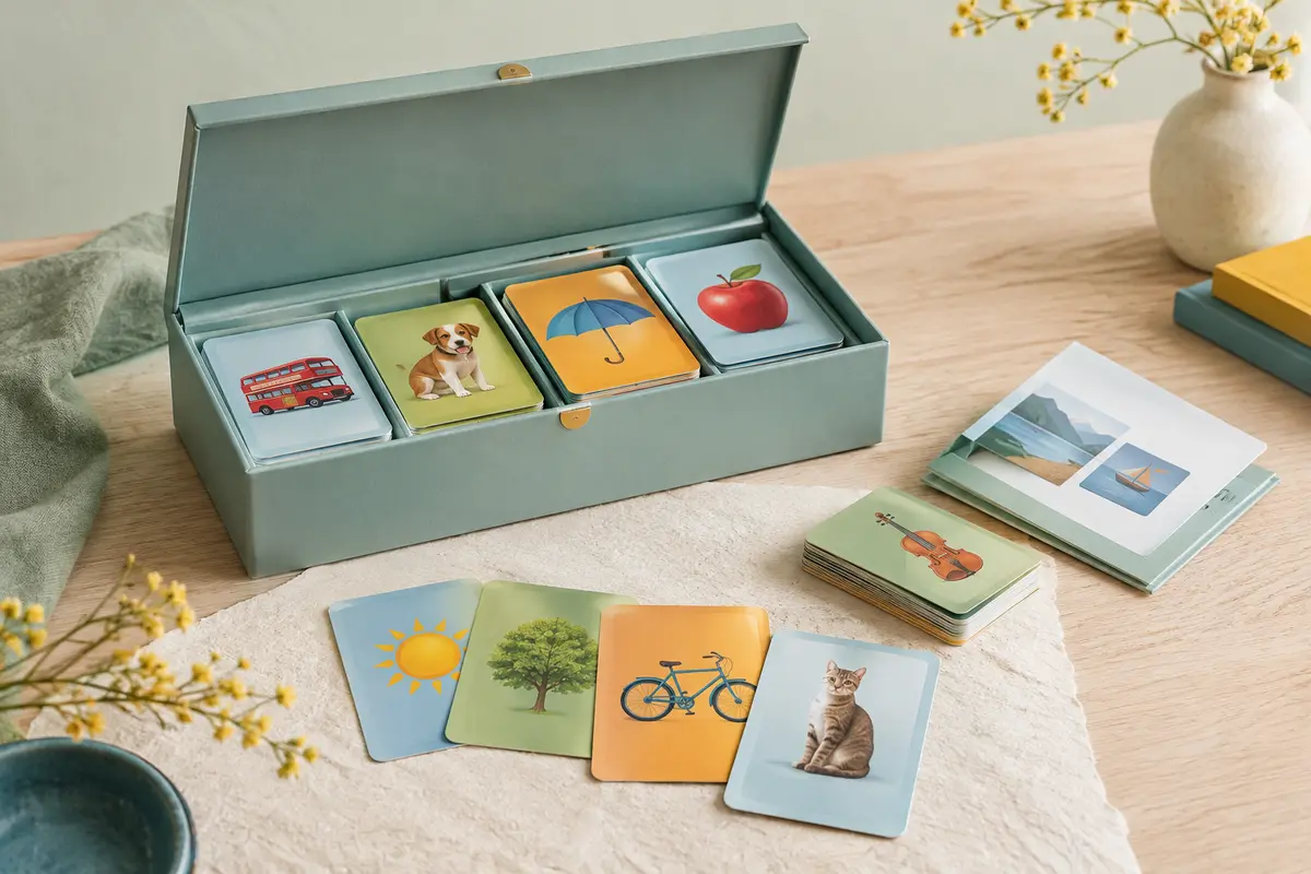 Coffret de jeux de cartes illustrées en anglais, avec ses cartes colorées disposées sur un fond clair