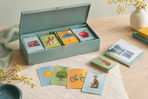 Coffret de jeux de cartes illustrées en anglais, avec ses cartes colorées disposées sur un fond clair