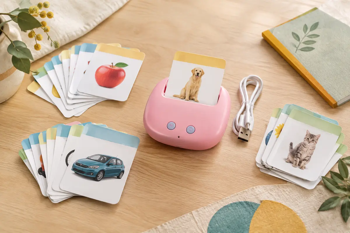 Lecteur rose de cartes flash parlantes accompagné de cartes bilingues et d’un câble USB sur une table claire.