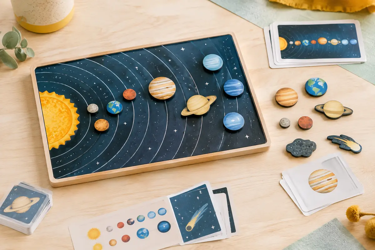 Scène aimantée du système solaire avec magnets et fiches explicatives disposés sur une table claire