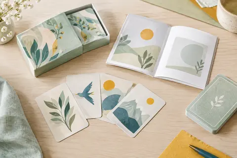 Jeu de cartes éducatif Calculodingo et livret disposés sur une table en bois clair