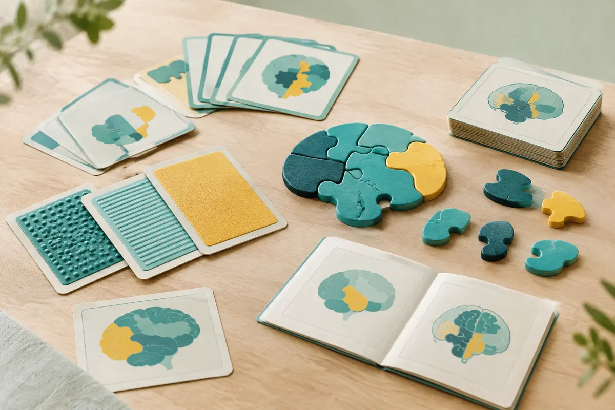 Jeu de logique turquoise avec cartes de défis tactiles et pièces de puzzle disposées sur du bois clair.