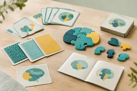 Jeu de logique turquoise avec cartes de défis tactiles et pièces de puzzle disposées sur du bois clair.